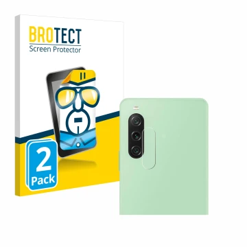 Face avant d’un emballage produit avec le logo de la marque BROTECT. À côté, l’appareil Sony Xperia 10 V (Caméra UNIQUEMENT) e