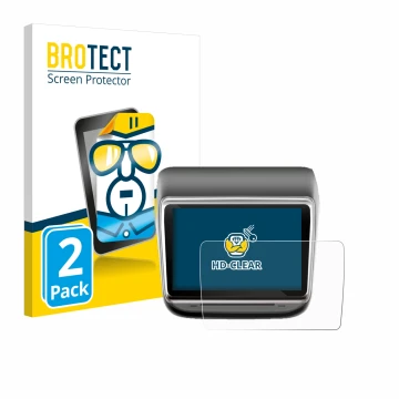 Face avant d’un emballage produit avec le logo de la marque BROTECT. À côté, l’appareil Tesla Model Y Infotainment System 7.2