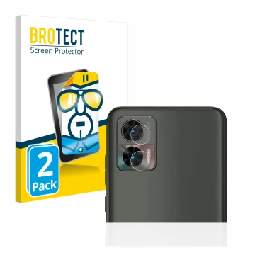 Face avant d’un emballage produit avec le logo de la marque BROTECT. À côté, l’appareil Motorola Edge 30 Neo (Caméra UNIQUEMEN