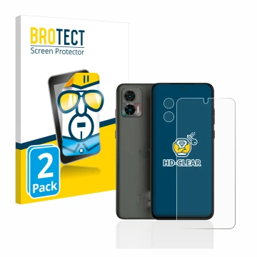 Face avant d’un emballage produit avec le logo de la marque BROTECT. À côté, l’appareil Motorola Edge 30 Neo (Avant+Caméra) es