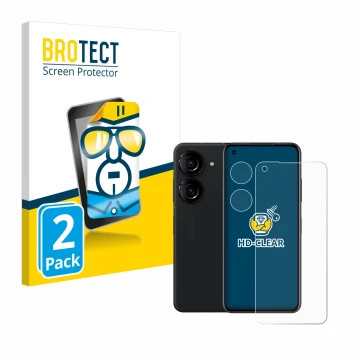 Face avant d’un emballage produit avec le logo de la marque BROTECT. À côté, l’appareil ASUS ZenFone 10 (Avant+Caméra) est rep