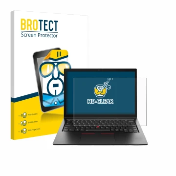 Face avant d’un emballage produit avec le logo de la marque BROTECT. À côté, l’appareil Lenovo ThinkPad L13 Yoga Gen 4 est rep