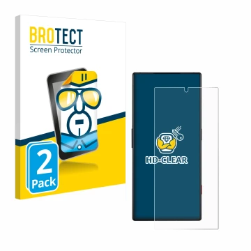 Face avant d’un emballage produit avec le logo de la marque BROTECT. À côté, l’appareil ZTE Nubia Red Magic 8S Pro est représe
