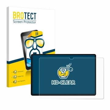 Face avant d’un emballage produit avec le logo de la marque BROTECT. À côté, l’appareil Samsung Galaxy Tab S9 Ultra 5G est rep