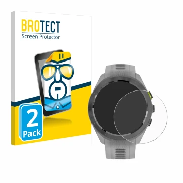 Face avant d’un emballage produit avec le logo de la marque BROTECT. À côté, l’appareil Garmin Approach S70 (42 mm) est représ