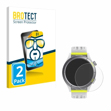 Face avant d’un emballage produit avec le logo de la marque BROTECT. À côté, l’appareil Huami Amazfit Cheetah est représenté a