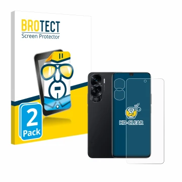 Face avant d’un emballage produit avec le logo de la marque BROTECT. À côté, l’appareil Honor 90 Lite (Avant+Caméra) est repré