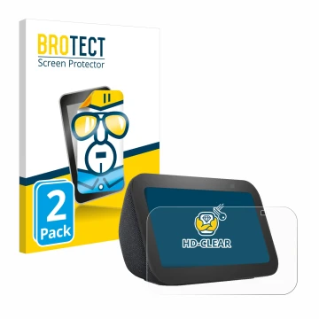 Face avant d’un emballage produit avec le logo de la marque BROTECT. À côté, l’appareil Amazon Echo Show 5 (3ème Gen.) est rep