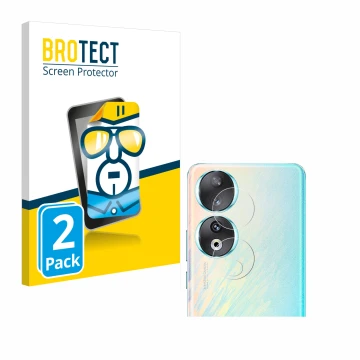 Face avant d’un emballage produit avec le logo de la marque BROTECT. À côté, l’appareil Honor 90 (Caméra UNIQUEMENT) est repré