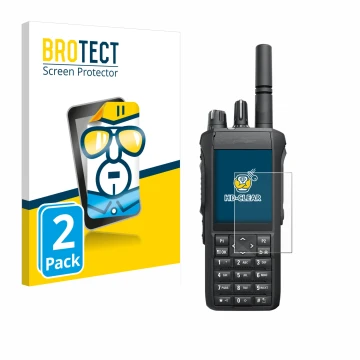 Face avant d’un emballage produit avec le logo de la marque BROTECT. À côté, l’appareil Motorola Mototrbo R7 est représenté av