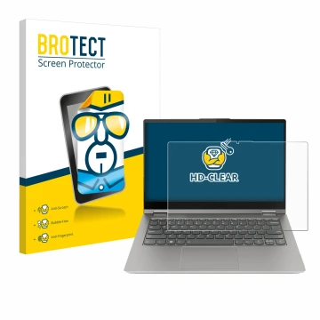 Face avant d’un emballage produit avec le logo de la marque BROTECT. À côté, l’appareil Lenovo ThinkBook 14s Yoga G3 est repré