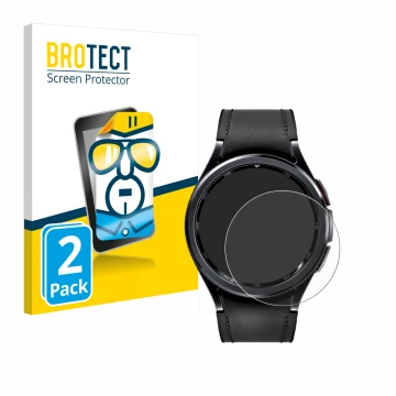 Face avant d’un emballage produit avec le logo de la marque BROTECT. À côté, l’appareil Samsung Galaxy Watch 6 Classic (43 mm)