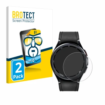 Face avant d’un emballage produit avec le logo de la marque BROTECT. À côté, l’appareil Samsung Galaxy Watch 6 Classic (47 mm)