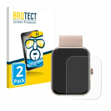 Face avant d’un emballage produit avec le logo de la marque BROTECT. À côté, l’appareil Mutoy Smartwatch 1.83