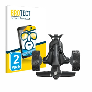 Face avant d’un emballage produit avec le logo de la marque BROTECT. À côté, l’appareil Motocaddy M7 GPS Electric Trolley est 