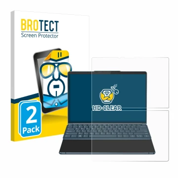 Face avant d’un emballage produit avec le logo de la marque BROTECT. À côté, l’appareil Lenovo Yoga Book 9i Gen 8 est représen