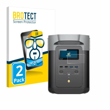 Face avant d’un emballage produit avec le logo de la marque BROTECT. À côté, l’appareil EcoFlow DELTA 2 est représenté avec la