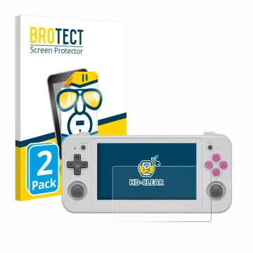 Face avant d’un emballage produit avec le logo de la marque BROTECT. À côté, l’appareil Anbernic RG505 est représenté avec la 