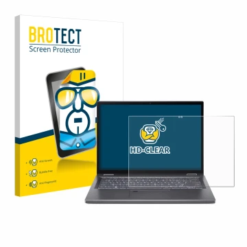 Face avant d’un emballage produit avec le logo de la marque BROTECT. À côté, l’appareil Acer Aspire 5 Spin 14 est représenté a