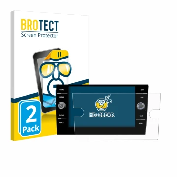 Face avant d’un emballage produit avec le logo de la marque BROTECT. À côté, l’appareil Volkswagen Taigo Discover Media 8” 202