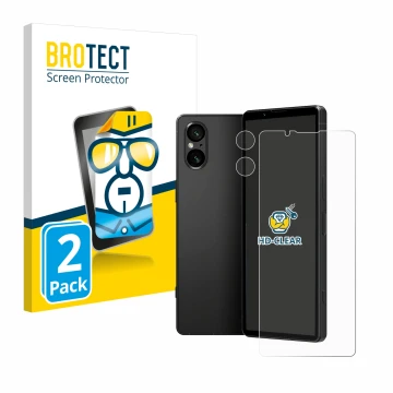 Face avant d’un emballage produit avec le logo de la marque BROTECT. À côté, l’appareil Sony Xperia 5 V (Avant+Caméra) est rep