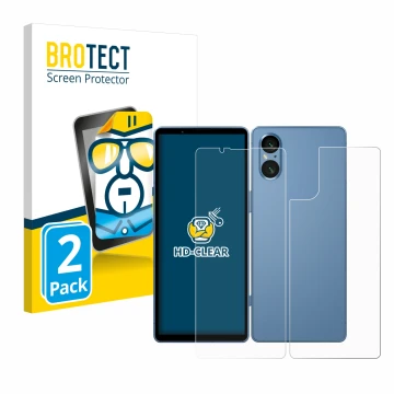 Face avant d’un emballage produit avec le logo de la marque BROTECT. À côté, l’appareil Sony Xperia 5 V (Avant+Arrière) est re