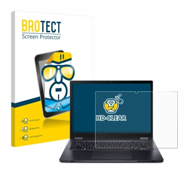 Face avant d’un emballage produit avec le logo de la marque BROTECT. À côté, l’appareil Acer TravelMate Spin P4 14