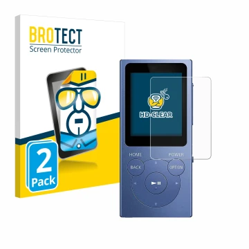 Face avant d’un emballage produit avec le logo de la marque BROTECT. À côté, l’appareil Sony Walkman NW-E394 est représenté av