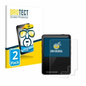 Face avant d’un emballage produit avec le logo de la marque BROTECT. À côté, l’appareil HifiWalker H2 touch est représenté ave