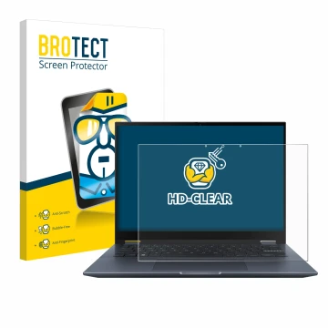 Face avant d’un emballage produit avec le logo de la marque BROTECT. À côté, l’appareil ASUS Vivobook S 14 Flip TP3402 est rep