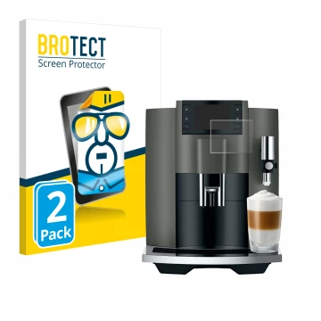 Face avant d’un emballage produit avec le logo de la marque BROTECT. À côté, l’appareil Jura E8 (EC) est représenté avec la pr