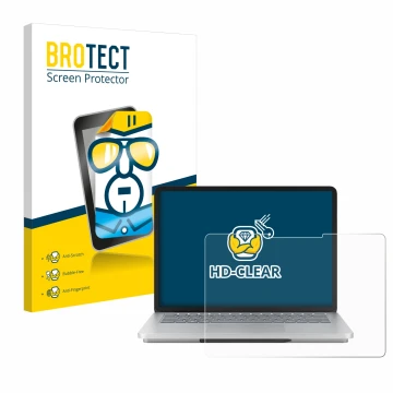 Face avant d’un emballage produit avec le logo de la marque BROTECT. À côté, l’appareil Microsoft Surface Laptop Studio 2 est 