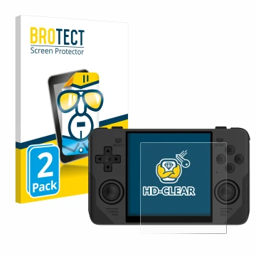 Face avant d’un emballage produit avec le logo de la marque BROTECT. À côté, l’appareil Powkiddy RGB30 est représenté avec la 