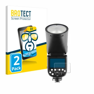 Face avant d’un emballage produit avec le logo de la marque BROTECT. À côté, l’appareil Godox V1 est représenté avec la protec