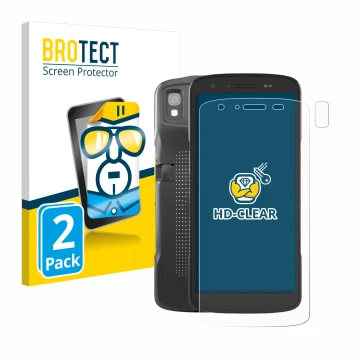 Face avant d’un emballage produit avec le logo de la marque BROTECT. À côté, l’appareil Zebra TC27 (Avant+Caméra) est représen