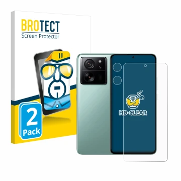 Face avant d’un emballage produit avec le logo de la marque BROTECT. À côté, l’appareil Xiaomi 13T Pro (Avant+Caméra) est repr