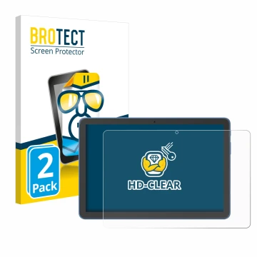 Face avant d’un emballage produit avec le logo de la marque BROTECT. À côté, l’appareil Amazon Fire HD 10 2023 (13e Gen.) est 