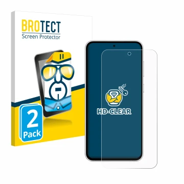 Face avant d’un emballage produit avec le logo de la marque BROTECT. À côté, l’appareil Samsung Galaxy S23 FE est représenté a
