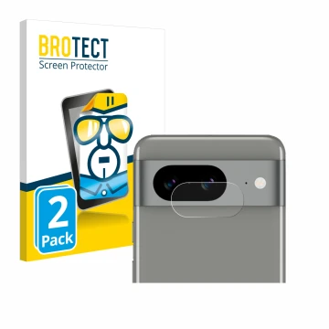 Face avant d’un emballage produit avec le logo de la marque BROTECT. À côté, l’appareil Google Pixel 8 (Caméra UNIQUEMENT) est