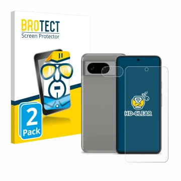 Face avant d’un emballage produit avec le logo de la marque BROTECT. À côté, l’appareil Google Pixel 8 (Avant+Caméra) est repr