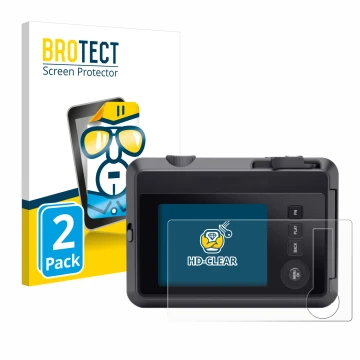 Face avant d’un emballage produit avec le logo de la marque BROTECT. À côté, l’appareil Leica SOFORT 2 est représenté avec la 