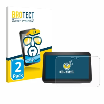 Face avant d’un emballage produit avec le logo de la marque BROTECT. À côté, l’appareil Amazon Echo Show 8 2023 (3ème Gen.) es