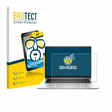 Face avant d’un emballage produit avec le logo de la marque BROTECT. À côté, l’appareil HP EliteBook 845 G10 est représenté av