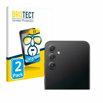 Face avant d’un emballage produit avec le logo de la marque BROTECT. À côté, l’appareil Samsung Galaxy A34 5G Enterprise Editi