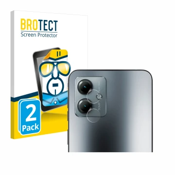 Face avant d’un emballage produit avec le logo de la marque BROTECT. À côté, l’appareil Motorola Moto G14 (Caméra UNIQUEMENT) 