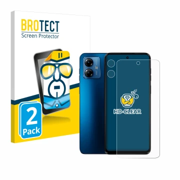 Face avant d’un emballage produit avec le logo de la marque BROTECT. À côté, l’appareil Motorola Moto G14 (Avant+Caméra) est r