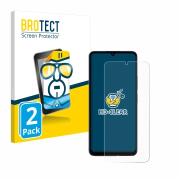 Face avant d’un emballage produit avec le logo de la marque BROTECT. À côté, l’appareil Xiaomi Poco C65 est représenté avec la