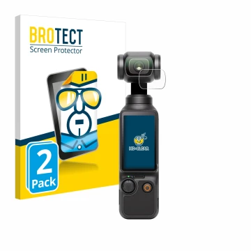 Face avant d’un emballage produit avec le logo de la marque BROTECT. À côté, l’appareil DJI Osmo Pocket 3 (Lentille) est repré