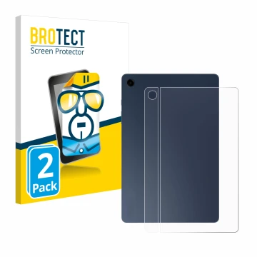 Face avant d’un emballage produit avec le logo de la marque BROTECT. À côté, l’appareil Samsung Galaxy Tab A9 Plus WiFi (Arriè