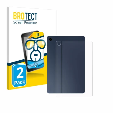Face avant d’un emballage produit avec le logo de la marque BROTECT. À côté, l’appareil Samsung Galaxy Tab A9 Plus 5G (Arrière